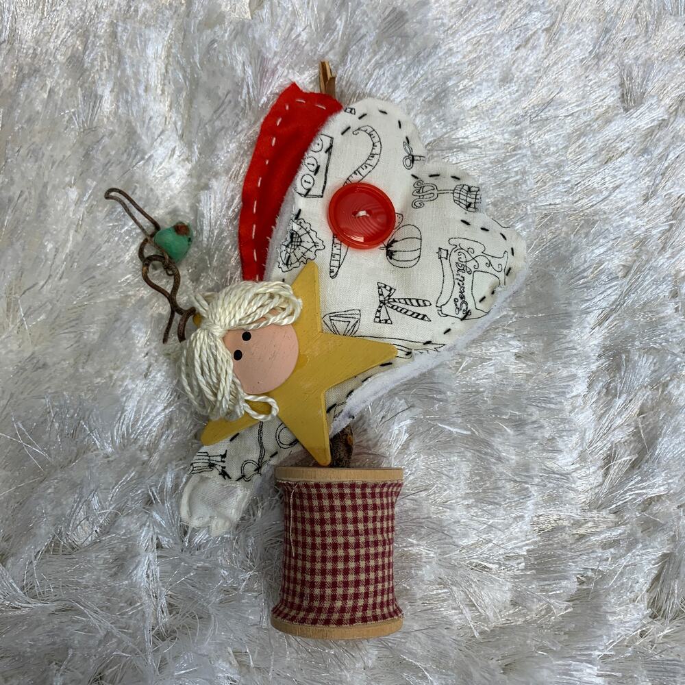 Primative Art Angel Wooden Spool Fabric Branches Bird 80s Art